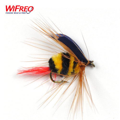 10PCS Wifreo Free Box Yellow and Black Bumble Bee Fly Insect Imitation Artificial Fishing Bait Dry Fly for Trout Fishing Size 10