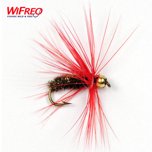 10PCS WIFREO 10# Red Hackle Golden Bead Head Peacock Nymph Flies Trout Fishing Flies